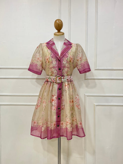 High Quality Floral Print Belted Short Sleeves Mini Dress